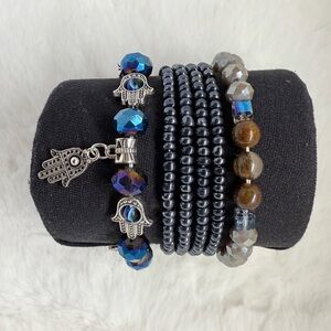 Hamsa Hand Charms Blue Beaded Bracelet Set